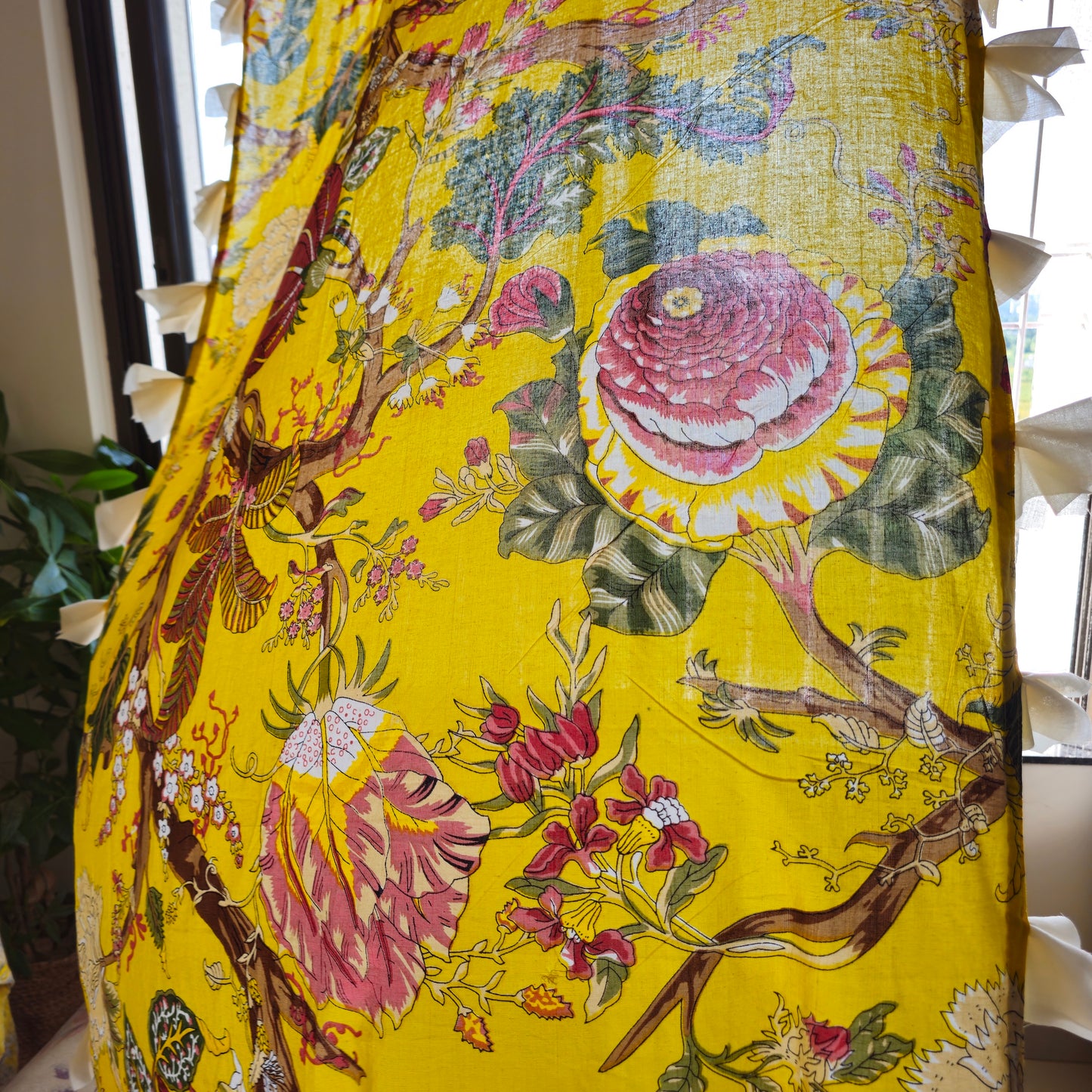 Bright Yellow Floral Cotton Curtain with Off White Tassels