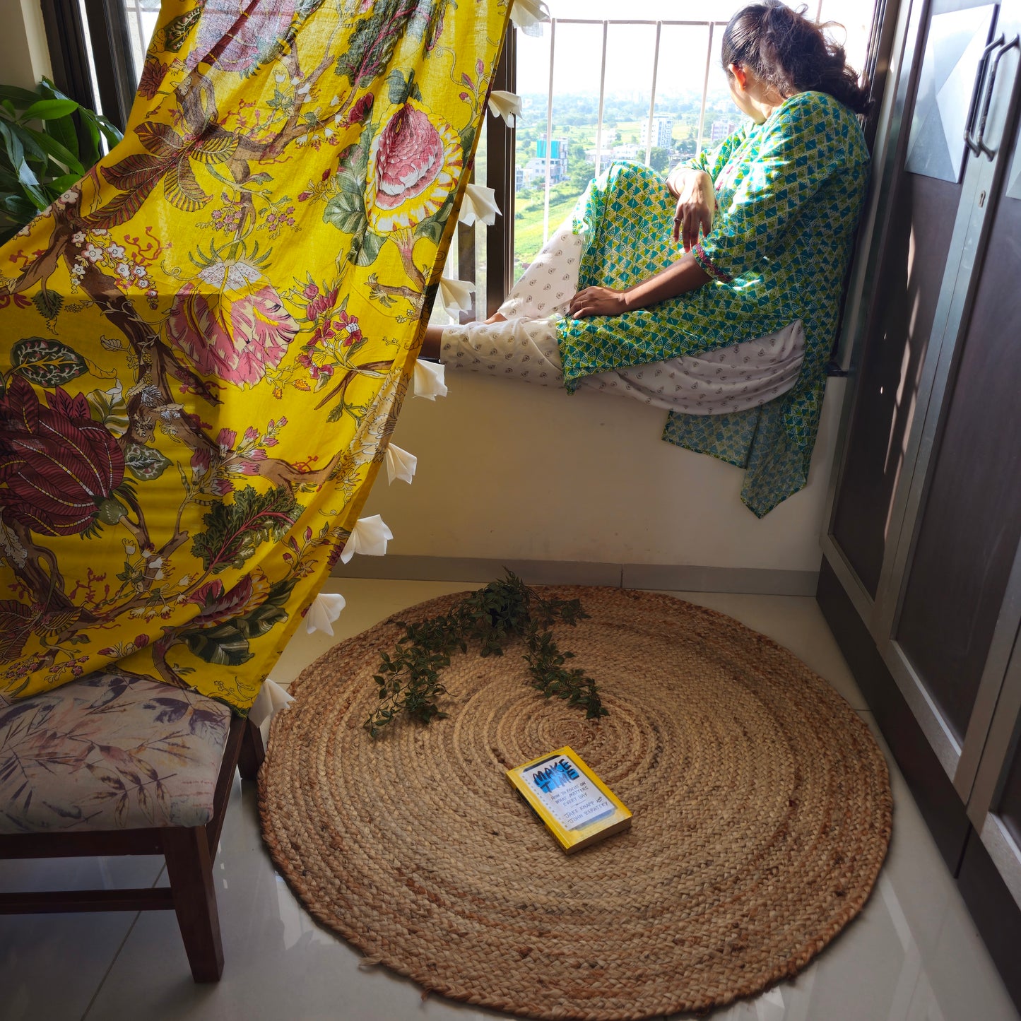 Bright Yellow Floral Cotton Curtain with Off White Tassels