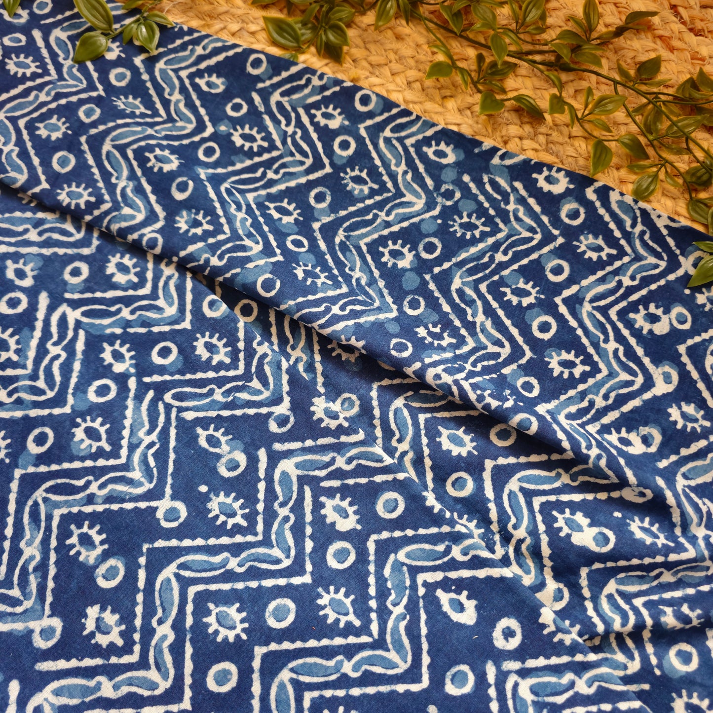 Unstitched Indigo Blue Ajrakh Pure Cotton Fabric With Geometrical Patterns – Handcrafted Fabric for Custom Designs