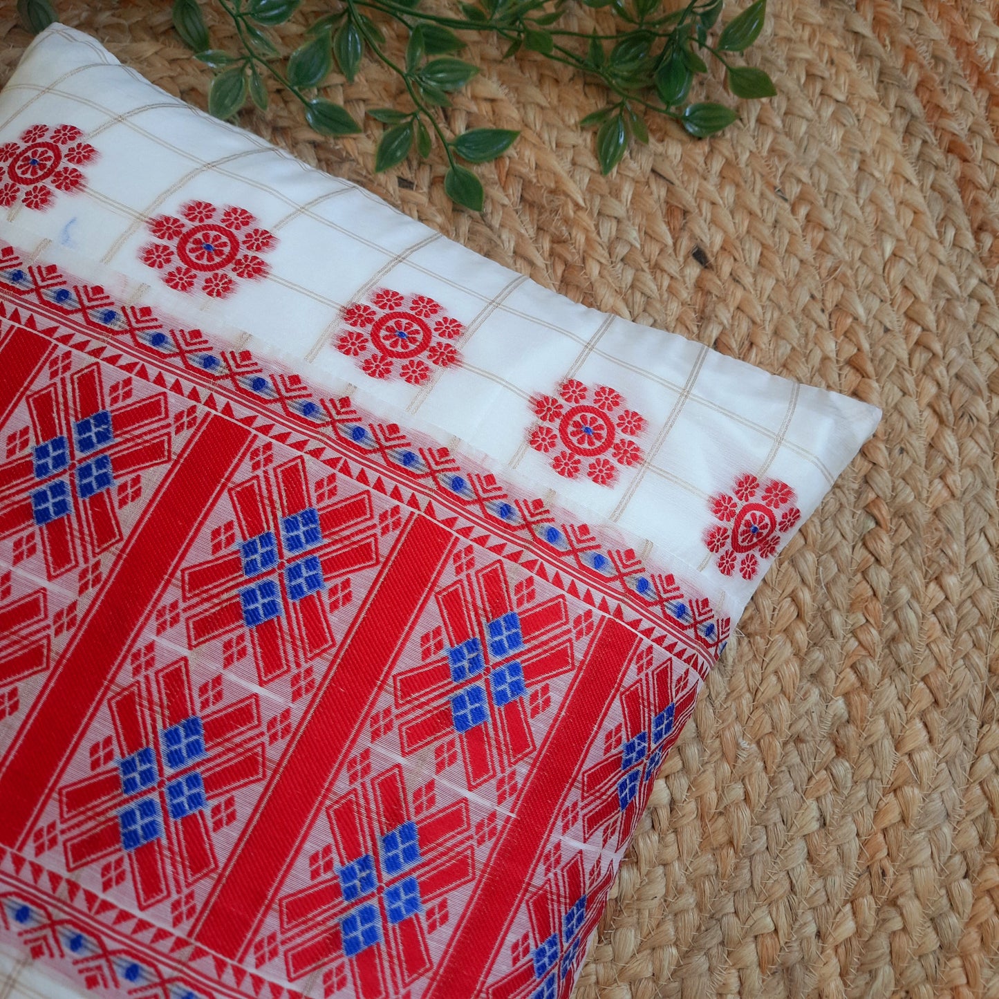 Assamese Cotton Silk Indain Traditional Cushion Cover with Red and Blue Motif Lace Work