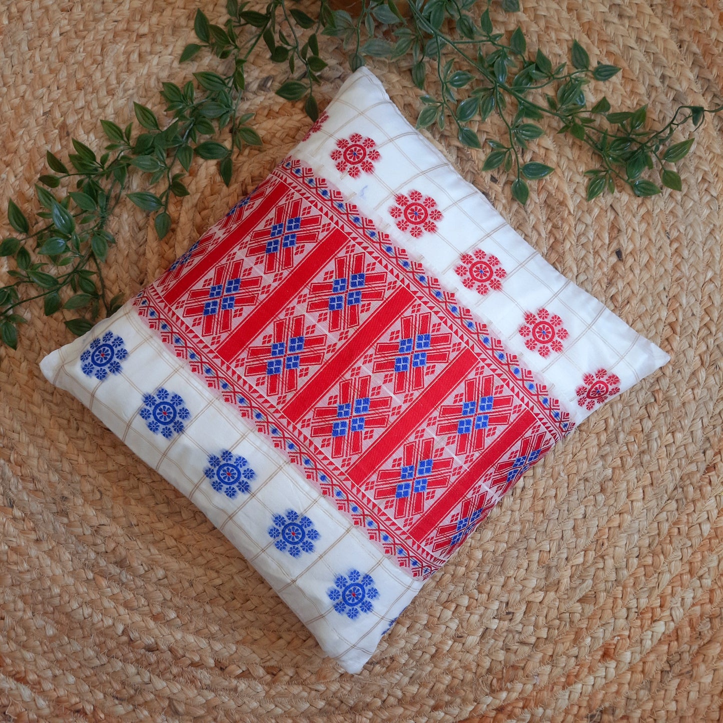 Assamese Cotton Silk Indain Traditional Cushion Cover with Red and Blue Motif Lace Work