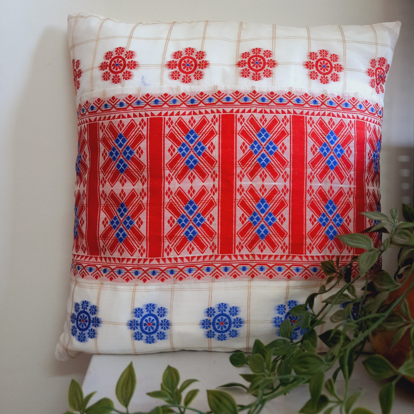 Assamese Cotton Silk Indain Traditional Cushion Cover with Red and Blue Motif Lace Work