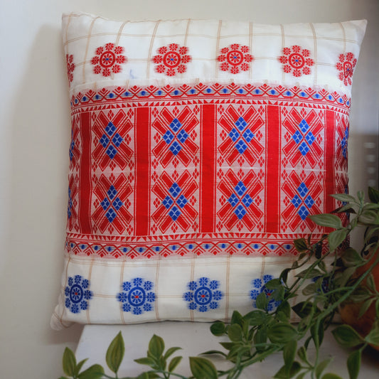 Assamese Cotton Silk Indain Traditional Cushion Cover with Red and Blue Motif Lace Work