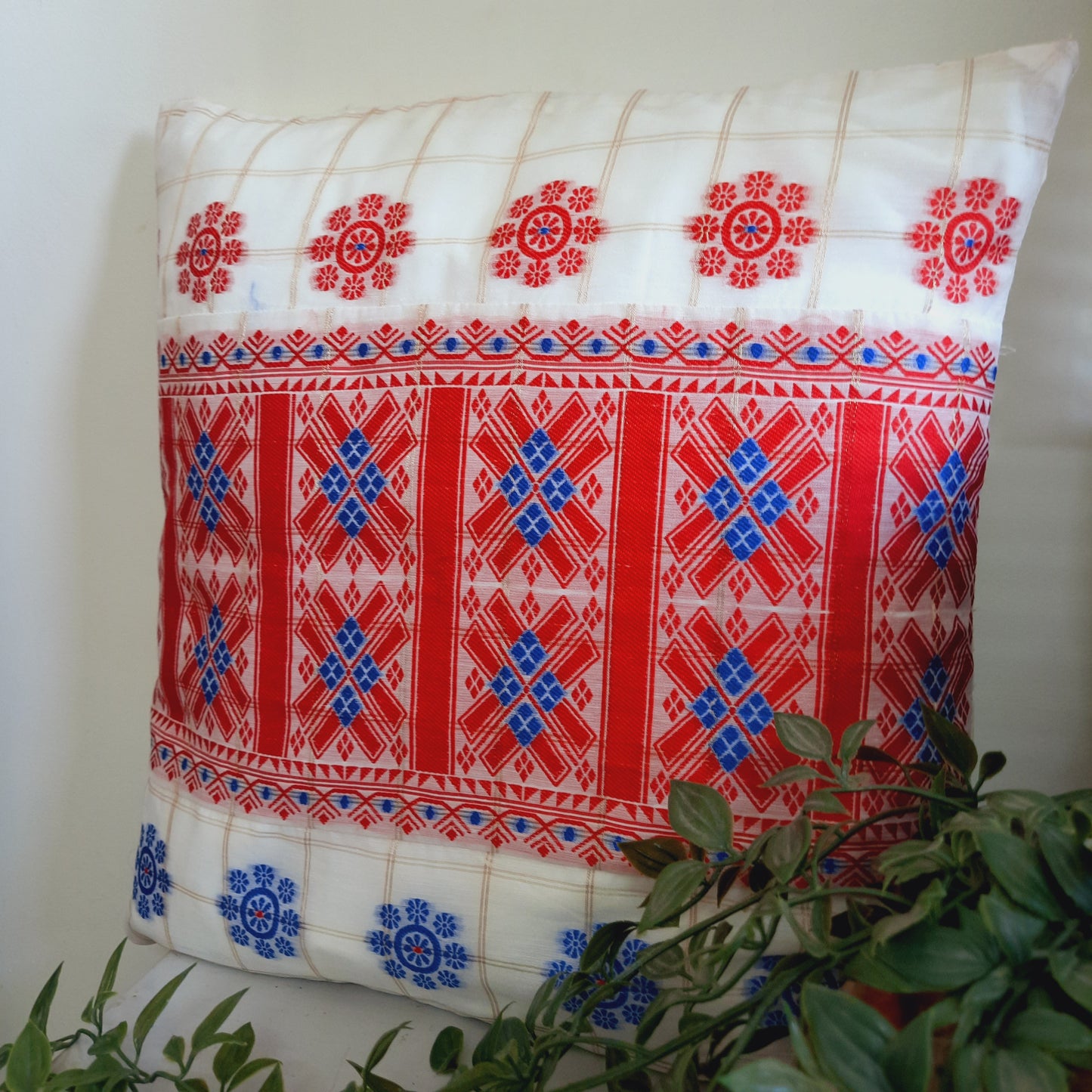 Assamese Cotton Silk Indain Traditional Cushion Cover with Red and Blue Motif Lace Work