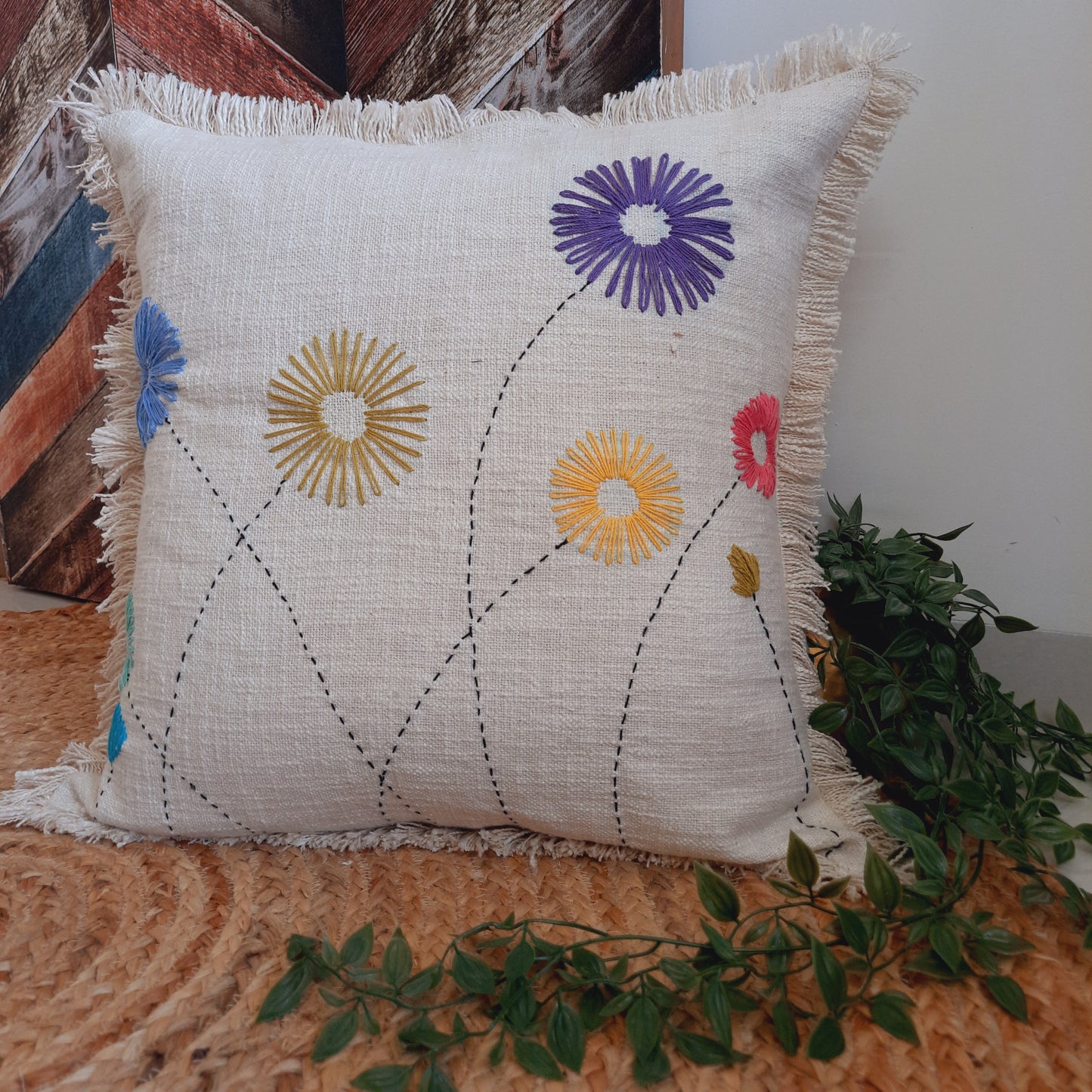 Hand Made Off-White Multicolor-Embroidery Cushion Cover