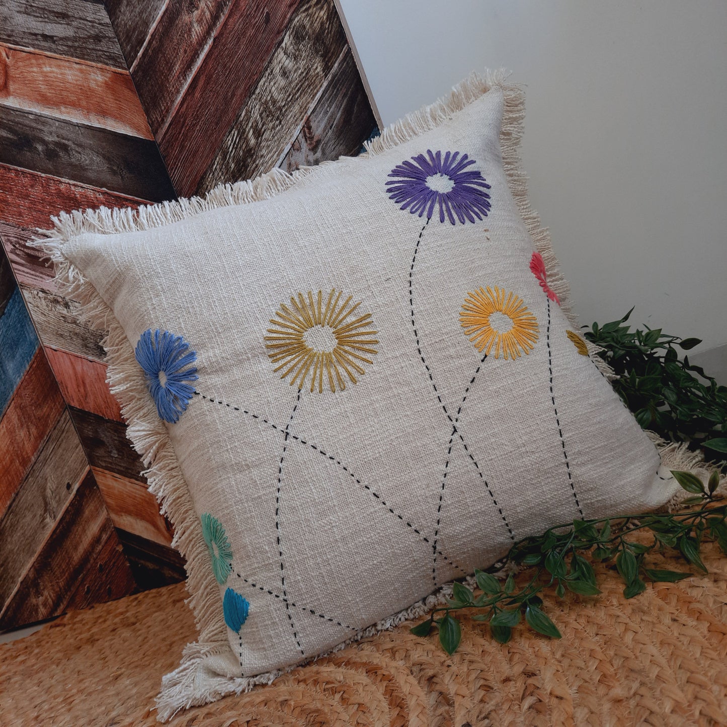 Hand Made Off-White Multicolor-Embroidery Cushion Cover