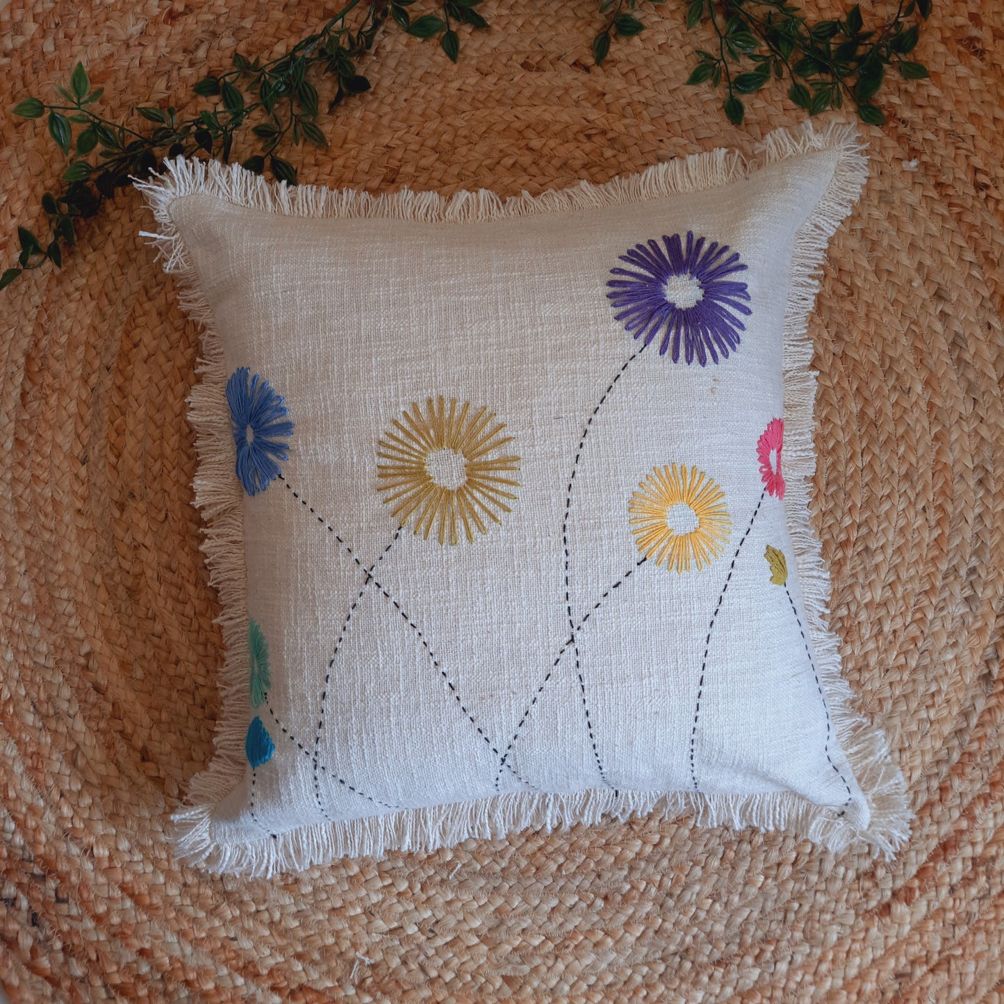 Hand Made Off-White Multicolor-Embroidery Cushion Cover