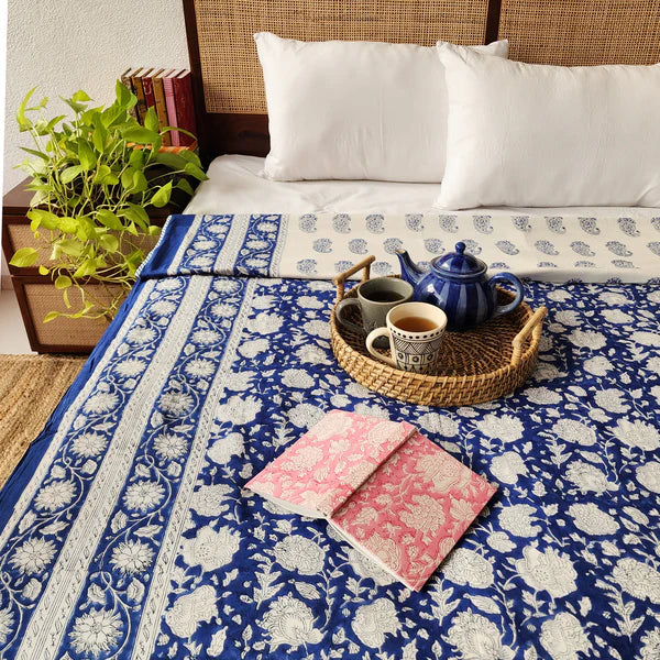 Indigo Blue Floral Print Pure Cotton Reversible Dohar King Size