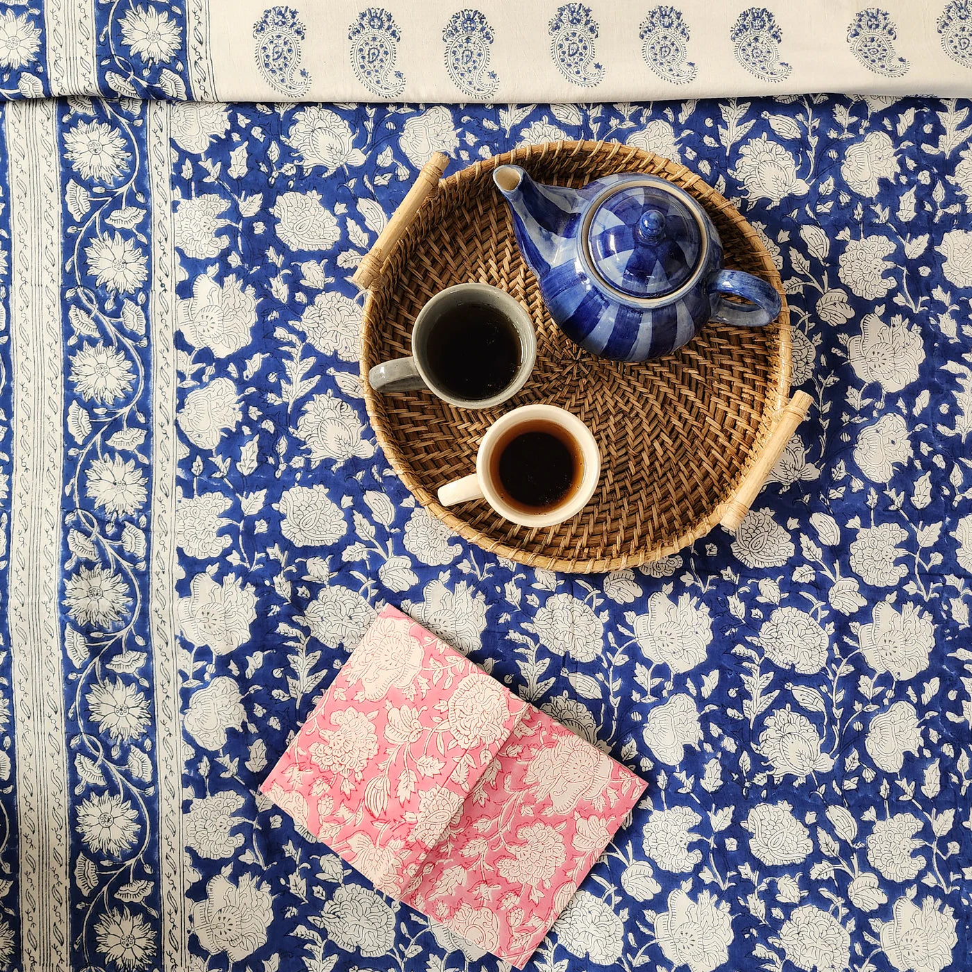 Indigo Blue Floral Print Pure Cotton Reversible Dohar King Size