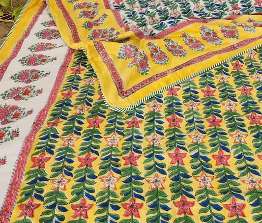 Yellow And Green Floral Print Pure Cotton Reversible Dohar King Size