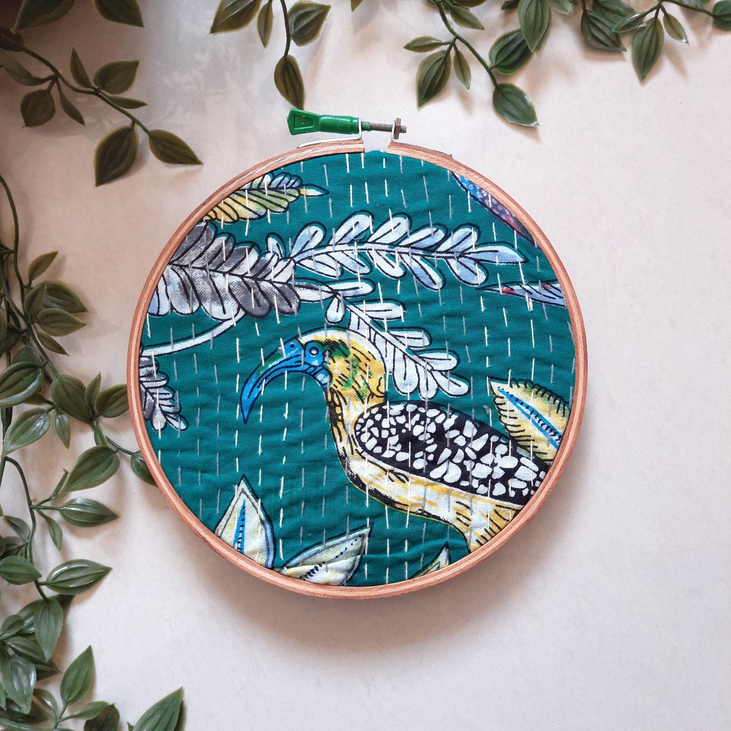 Green Kantha Work Floral Embroidery Hoop | Handmade | Upcycled Fabric