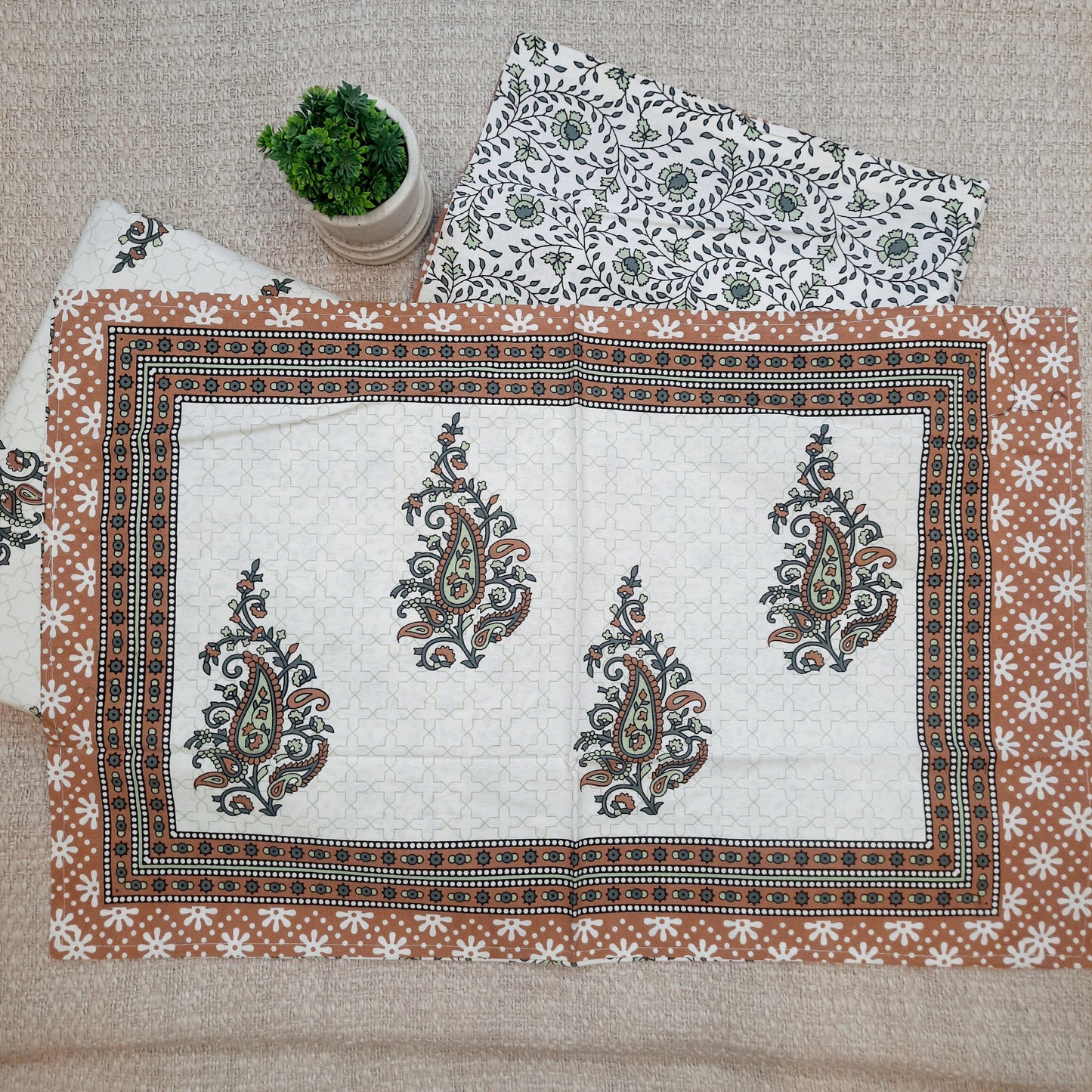 Brown and Green Paisley Print King Size Fitted Bedsheet | Pure Cotton | White Base
