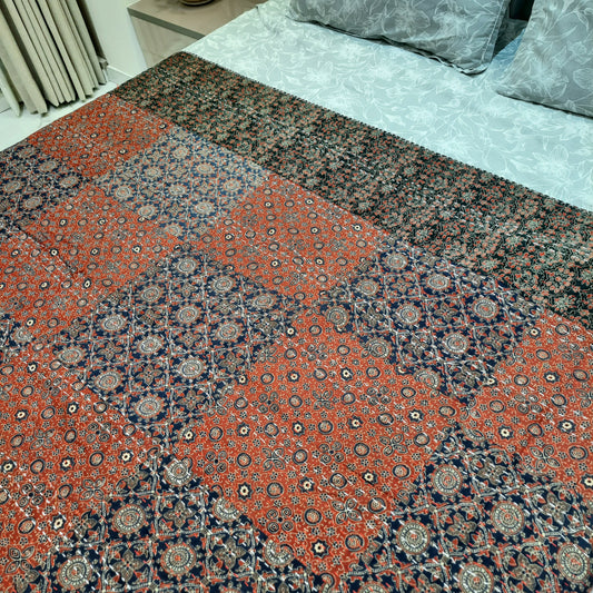 Ajrakh Patchwork Kantha Cotton Bedcover – Handmade Multicolour Elegance