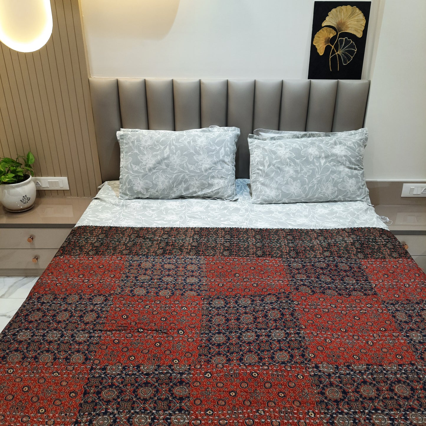 Ajrakh Patchwork Kantha Cotton Bedcover – Handmade Multicolour Elegance