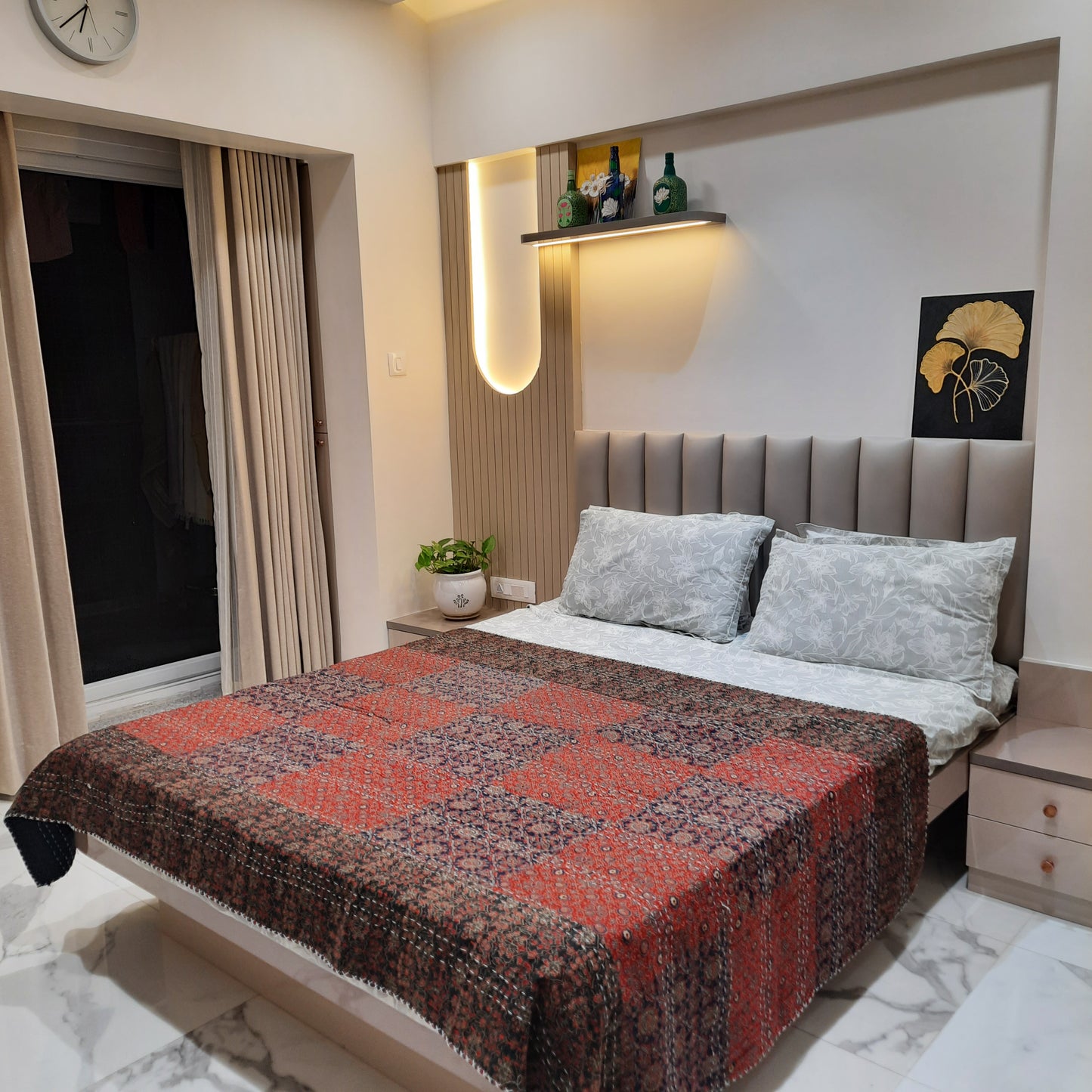 Ajrakh Patchwork Kantha Cotton Bedcover – Handmade Multicolour Elegance