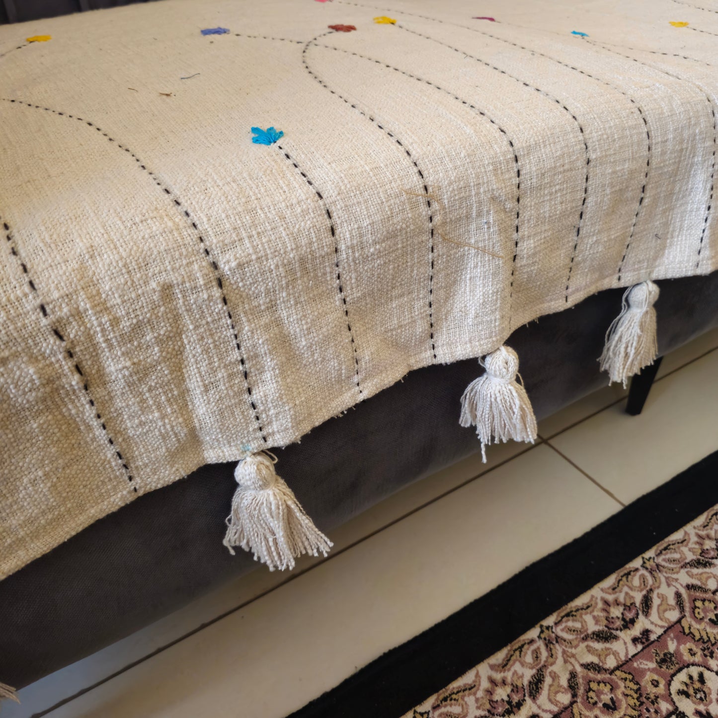 Handwoven Beige Slub Cotton Sofa Cover with Embroidered Flowers & Tassels