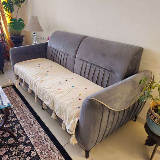 Handwoven Beige Slub Cotton Sofa Cover with Embroidered Flowers & Tassels