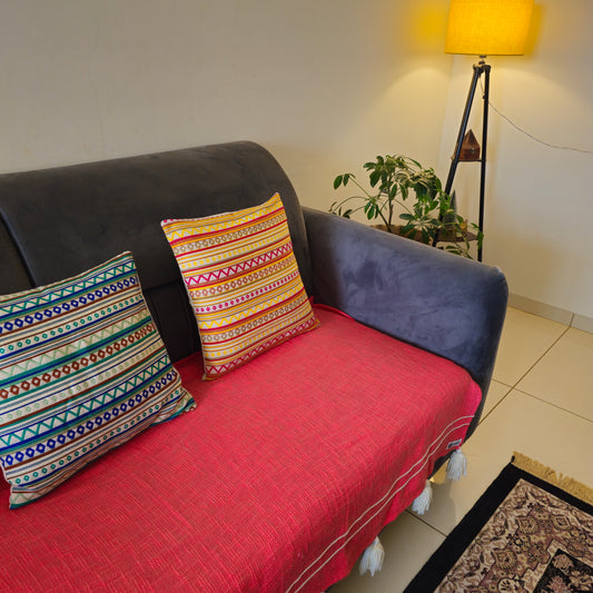Handwoven Pink Slub Cotton Sofa Cover – Thread Work & Tassel Detailing