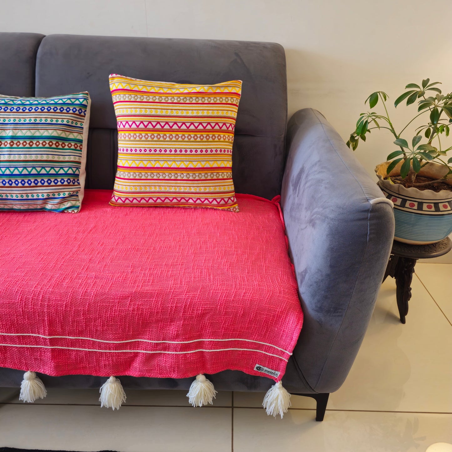 Handwoven Pink Slub Cotton Sofa Cover – Thread Work & Tassel Detailing