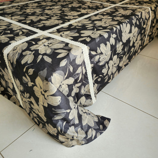 Brown & Beige Floral Cotton King Size Bedsheet – Vintage Lace Elegance