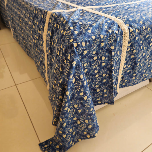 Indigo Blue & Off-White Floral Cotton Bedsheet – King Size with Vintage Lace