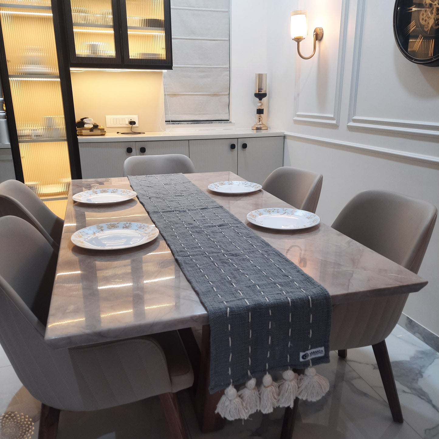 Grey Slub Cotton Table Runner – Handloom Finish with Thread Work & Tassels