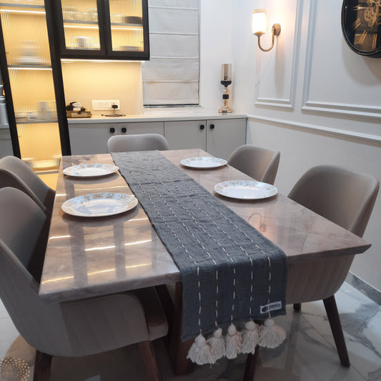 Grey Slub Cotton Table Runner – Handloom Finish with Thread Work & Tassels