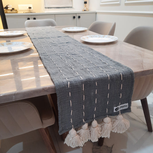 Grey Slub Cotton Table Runner – Handloom Finish with Thread Work & Tassels