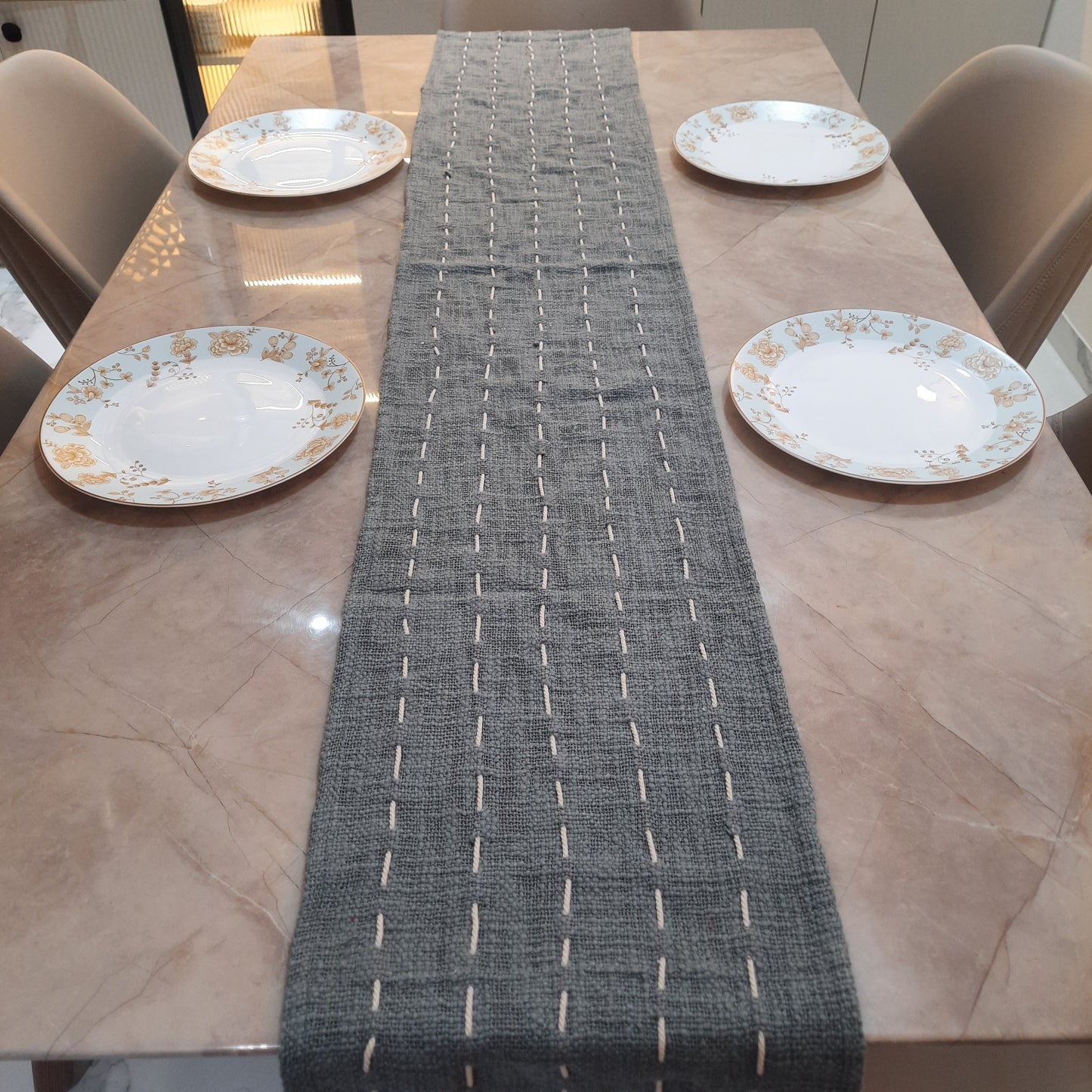 Grey Slub Cotton Table Runner – Handloom Finish with Thread Work & Tassels