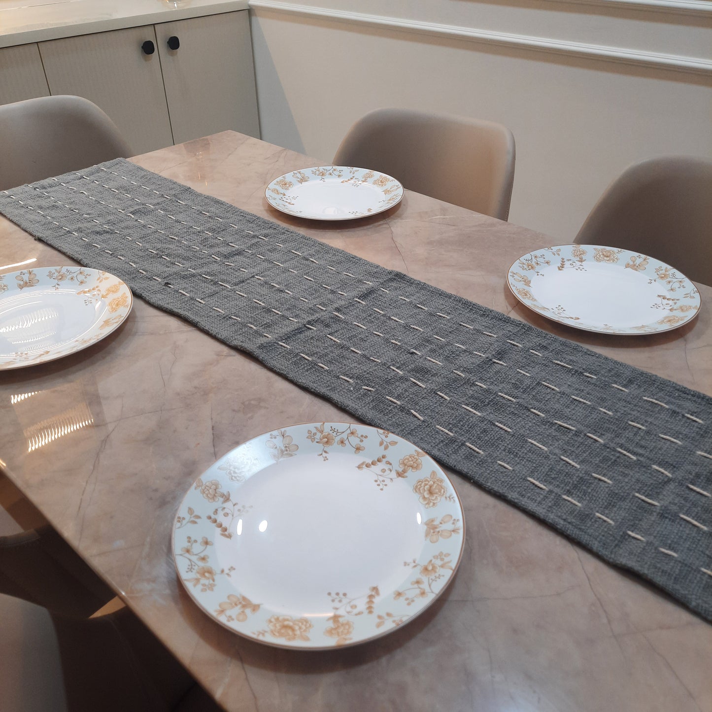 Grey Slub Cotton Table Runner – Handloom Finish with Thread Work & Tassels