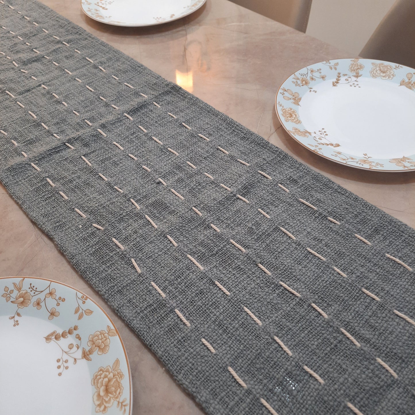 Grey Slub Cotton Table Runner – Handloom Finish with Thread Work & Tassels