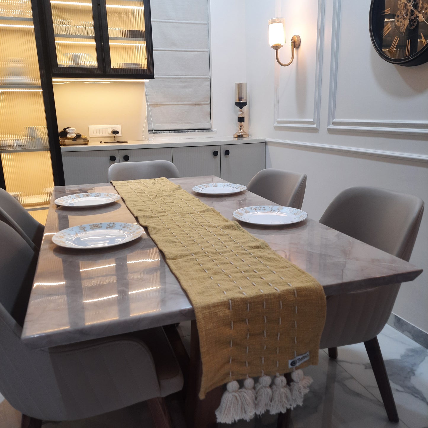 Mustard Yellow Slub Cotton Table Runner – Handmade Kantha Stitch with Tassels