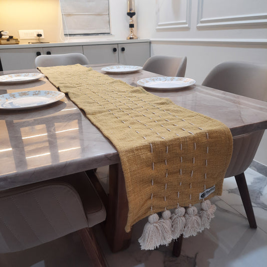 Mustard Yellow Slub Cotton Table Runner – Handmade Kantha Stitch with Tassels