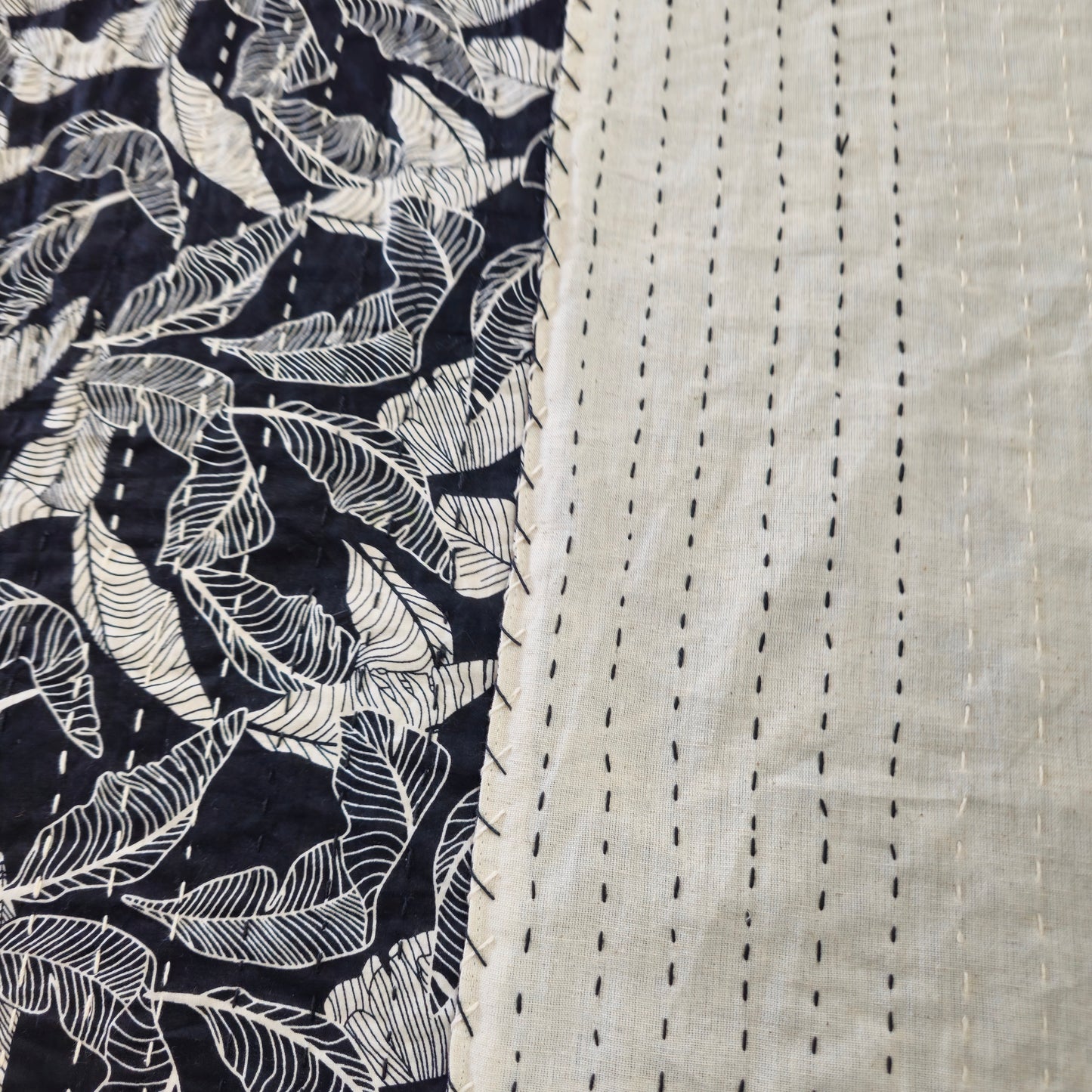 Black and White Leaf Print Reversible Kantha Cotton Bedcover – Handcrafted Elegance