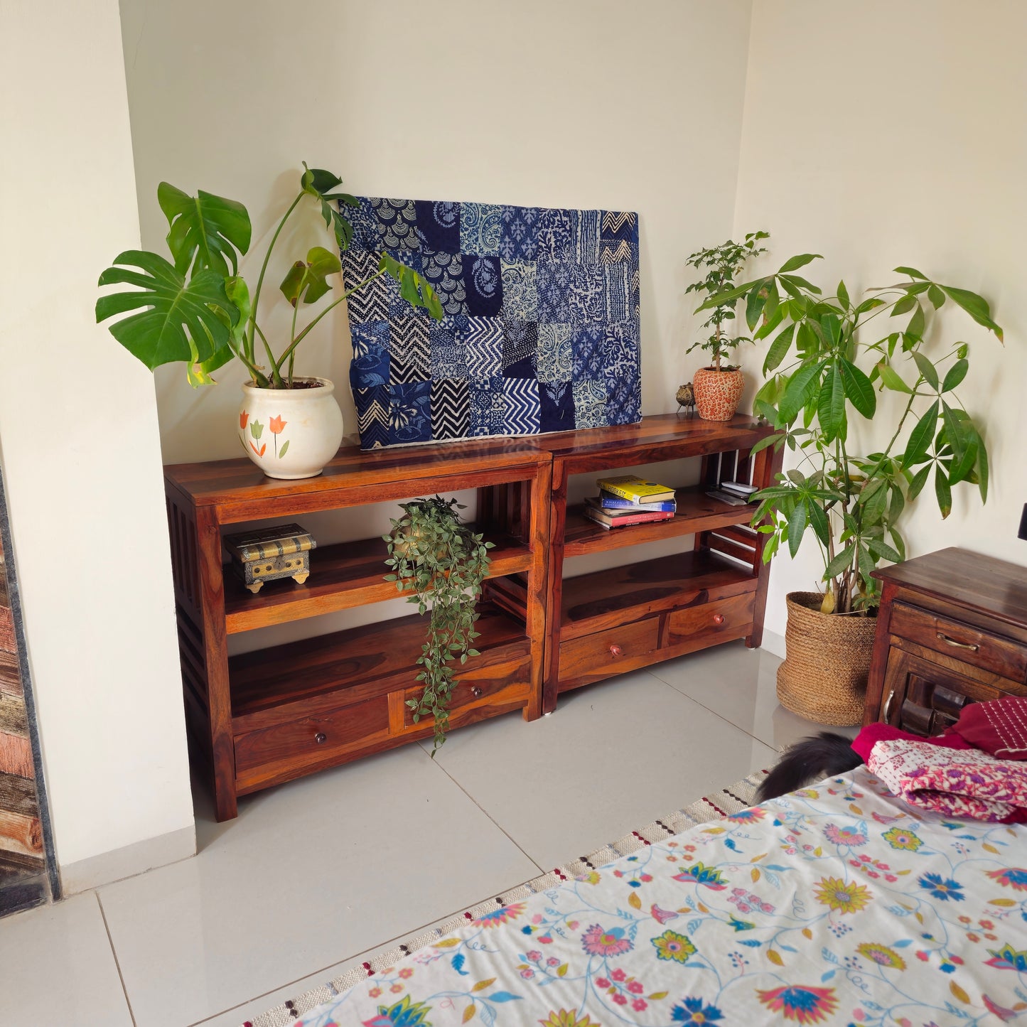 Indigo Patchwork Kantha Wall Frame – Boho Art with Traditional Wave Motif