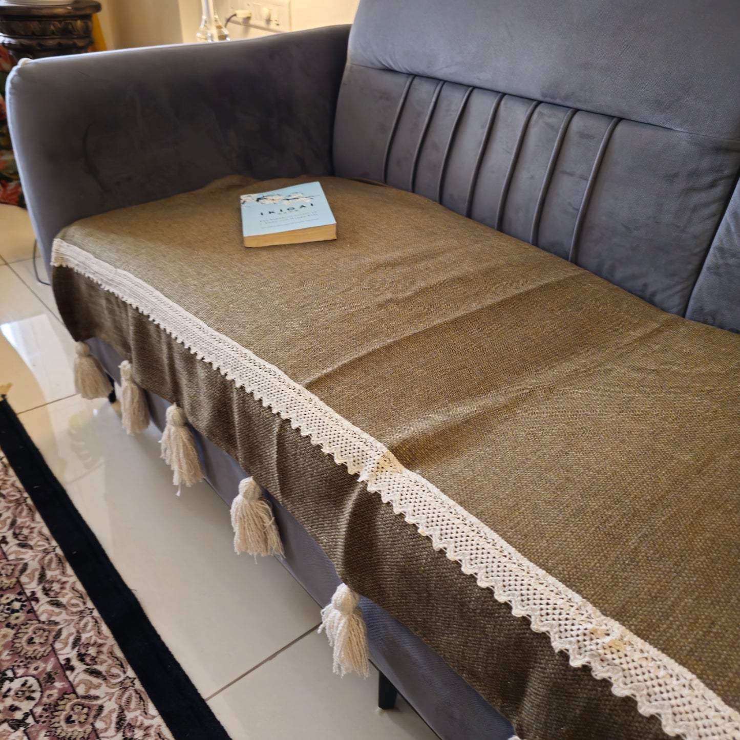 Olive Green Cotton Sofa Cover – Off-White Lace & Tassels | Boho & Elegant