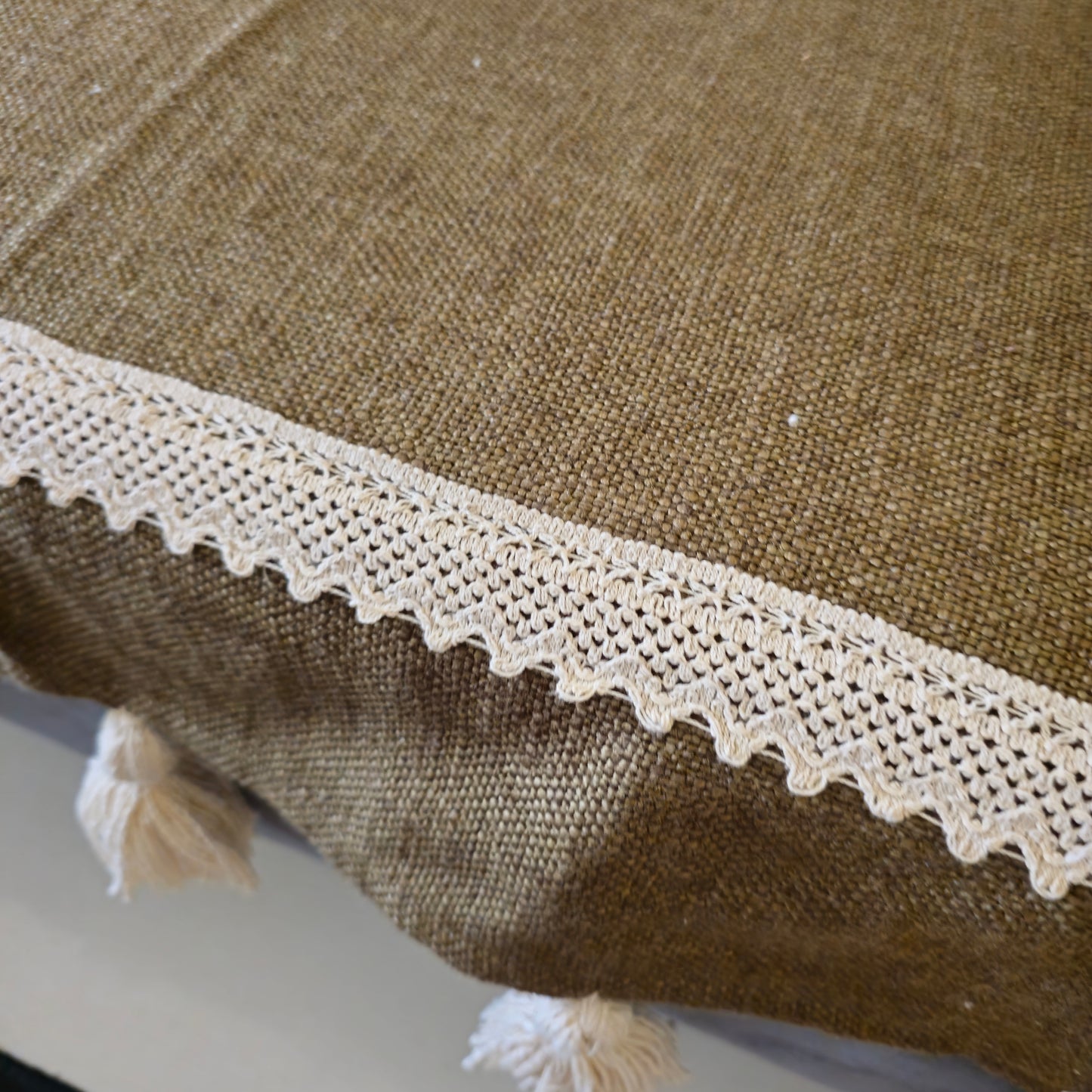 Olive Green Cotton Sofa Cover – Off-White Lace & Tassels | Boho & Elegant