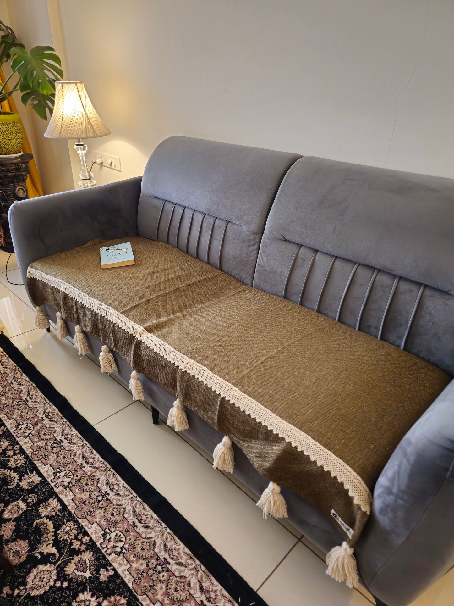 Olive Green Cotton Sofa Cover – Off-White Lace & Tassels | Boho & Elegant
