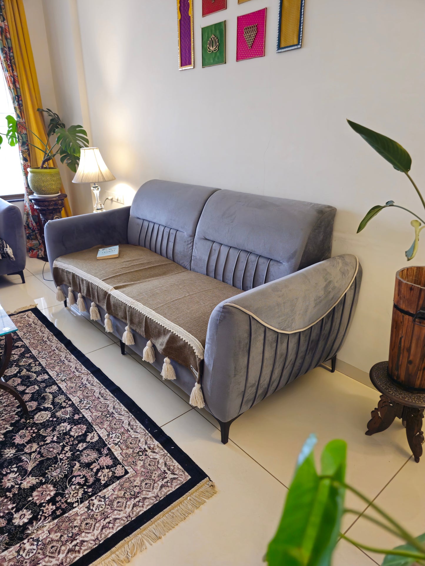 Olive Green Cotton Sofa Cover – Off-White Lace & Tassels | Boho & Elegant