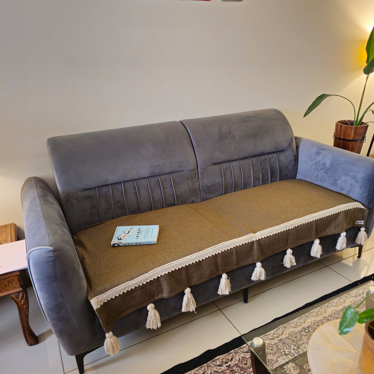 Olive Green Cotton Sofa Cover – Off-White Lace & Tassels | Boho & Elegant