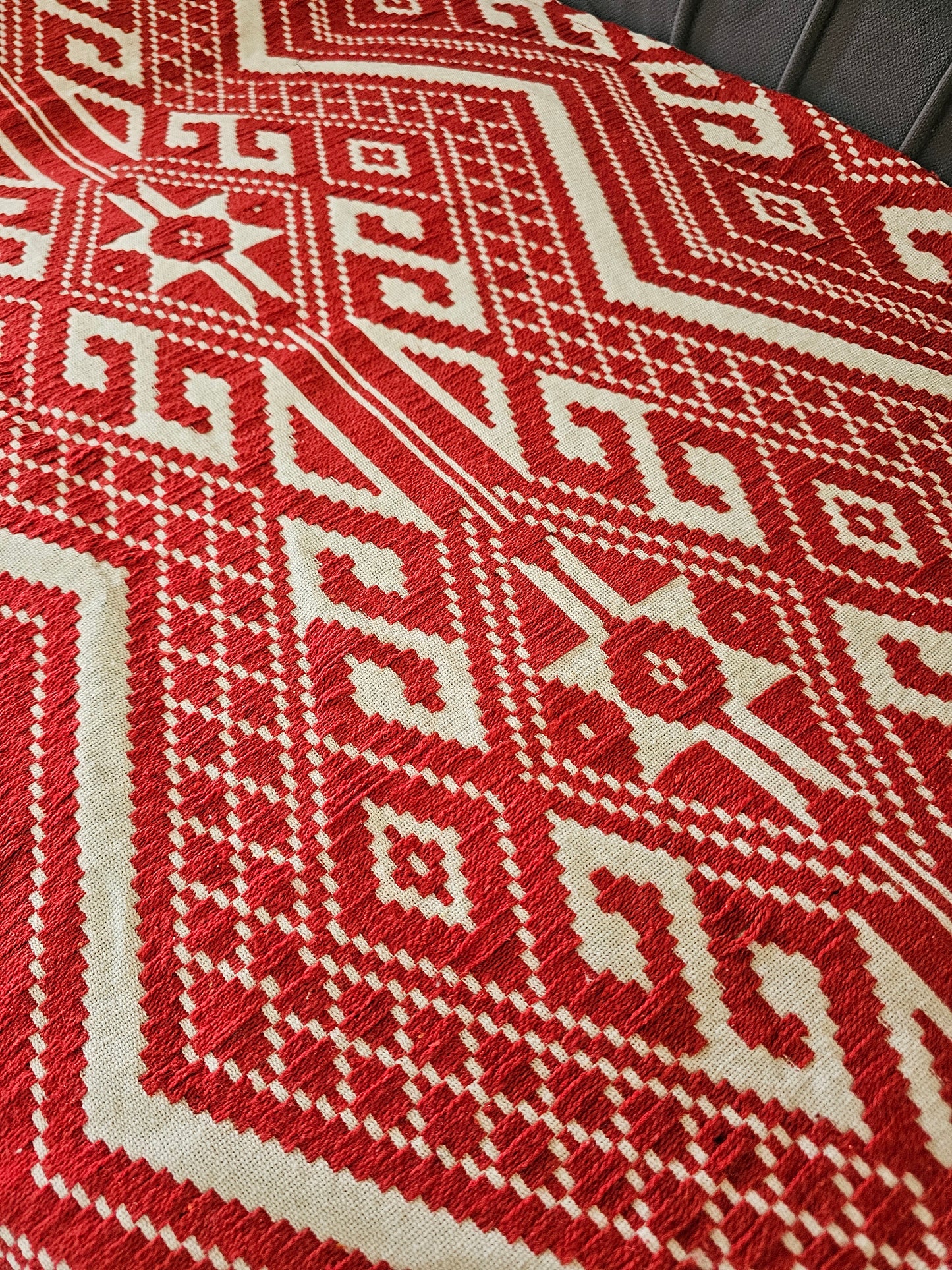 Handloom Cotton Sofa Cover | Thick Red & Beige Geometric Throw with Tassels