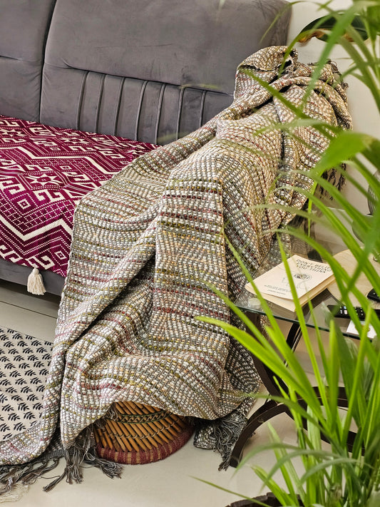 Handloom Woven Sofa Throw Blanket | Multi-Texture Cotton Throw with Fringe