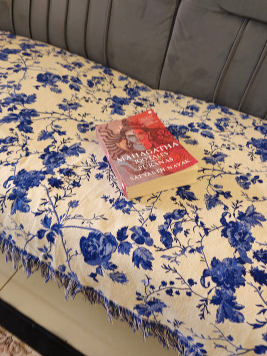 White Throw with Blue Floral Motifs & Self Tassels | Classic Handloom Cotton Sofa Cover