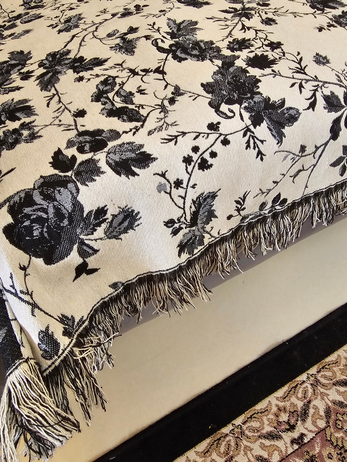 White Throw with Black and Grey Floral Motifs & Self Tassels | Classic Handloom Cotton Sofa Cover