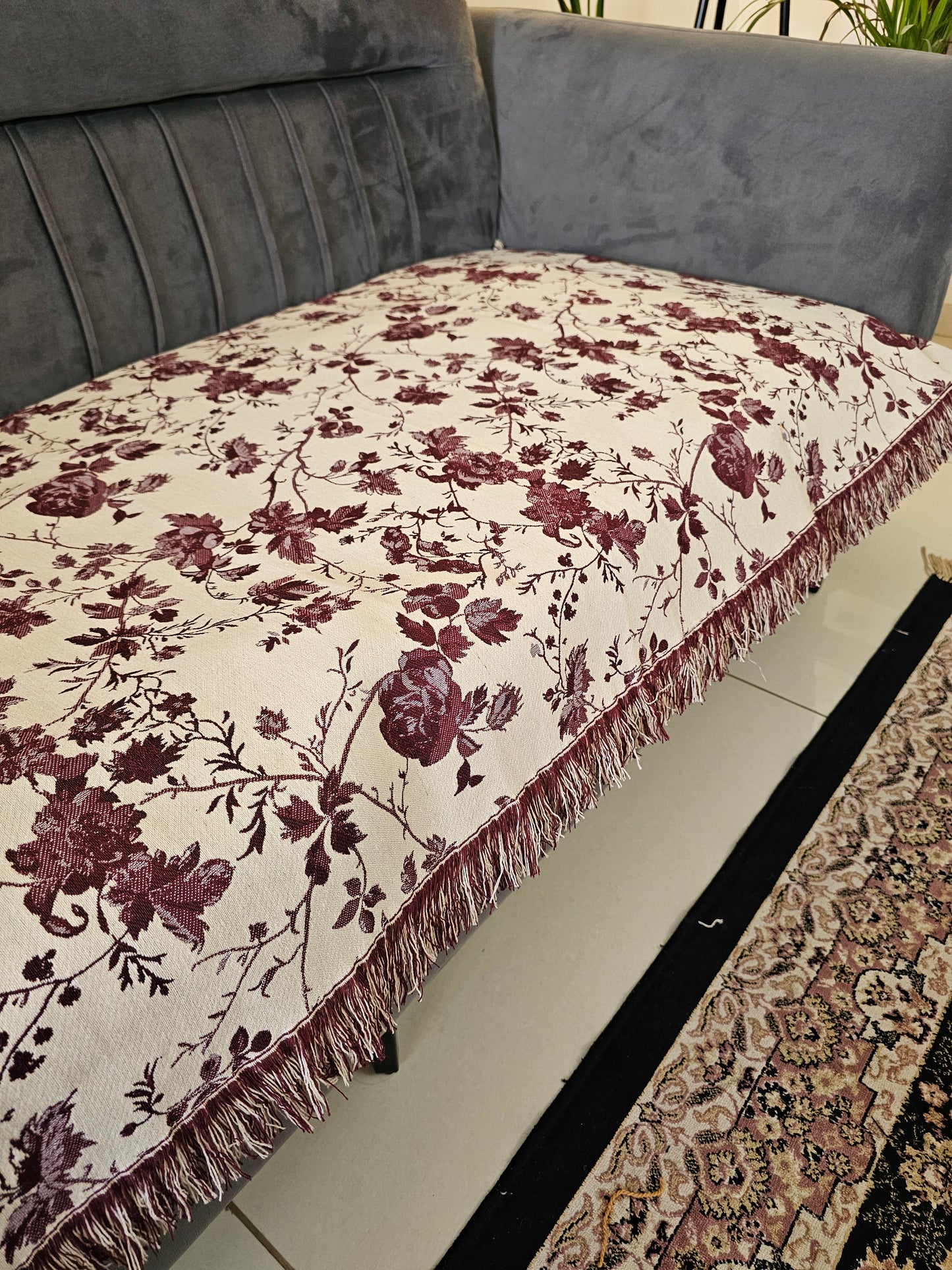 White Throw with Maroon and Brown Floral Motifs & Self Tassels | Classic Handloom Cotton Sofa Cover