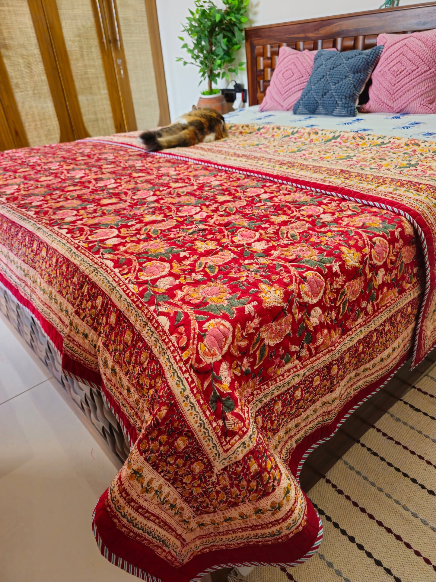 Vibrant Red & Cream Floral Quilted Bedcover| Hand Block Printed Reversible AC Quilt | 100% Cotton