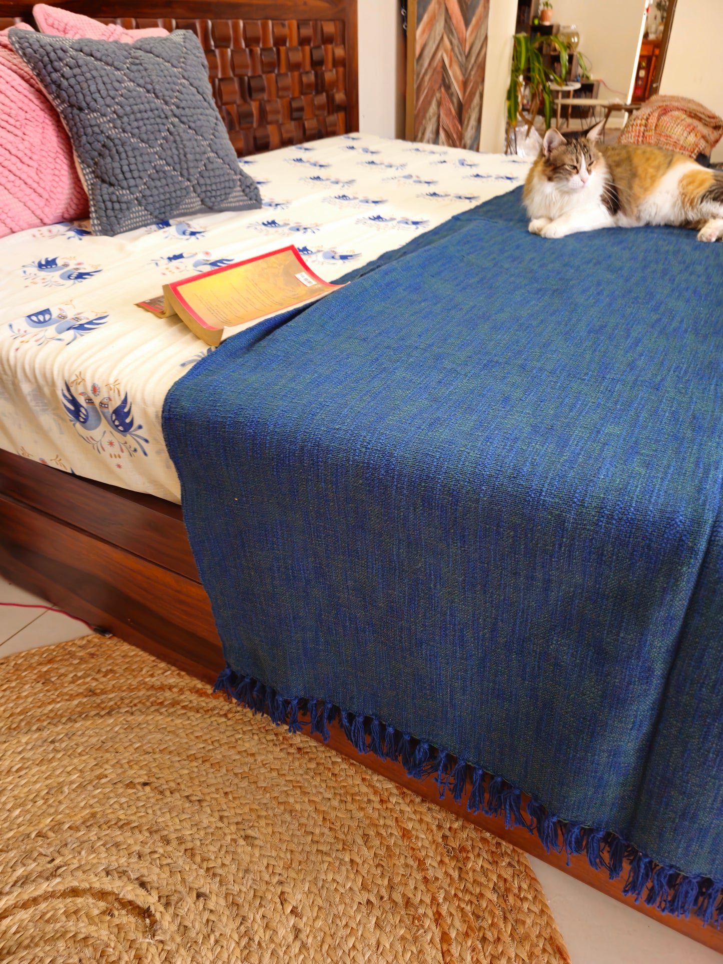 Handloom Slub Cotton Bedcover | Textured Blue Throw with Tassels | Natural Woven Cotton
