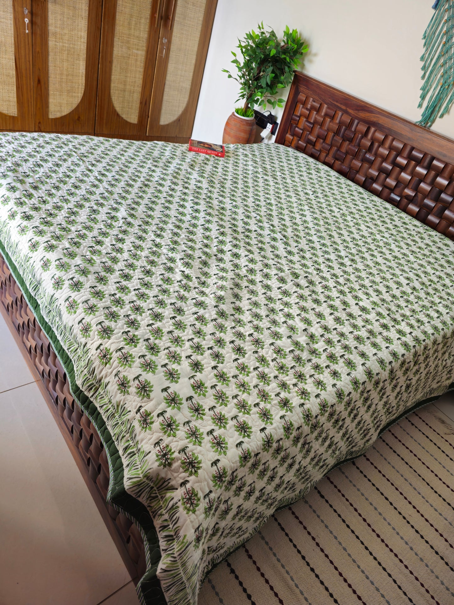 Green Palm Tree & Floral Motif | Hand Block Printed Reversible AC Quilt | 100% Cotton Bedcover