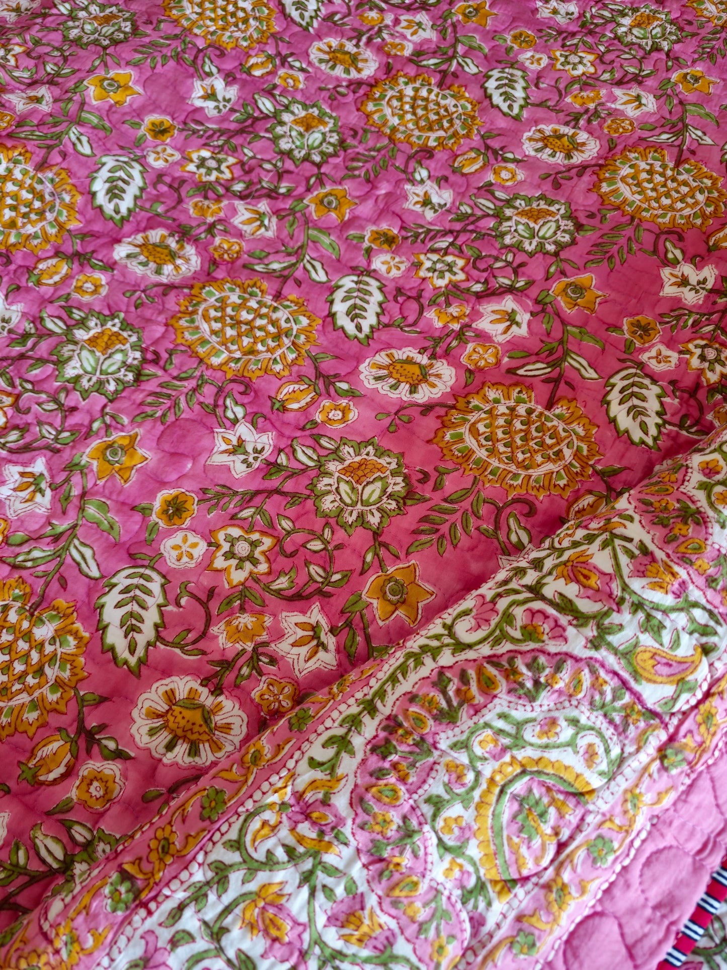Pink & Off-White Floral Cotton Bedcover | Hand Block Printed Reversible AC Quilt | Multicolour Accents