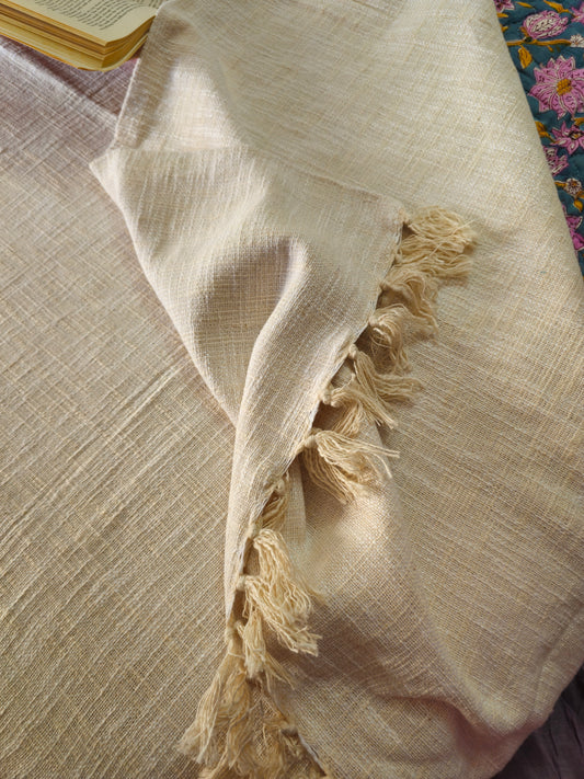 Handloom Slub Cotton Bedcover | Textured Off-White Throw with Tassels | Natural Woven Cotton